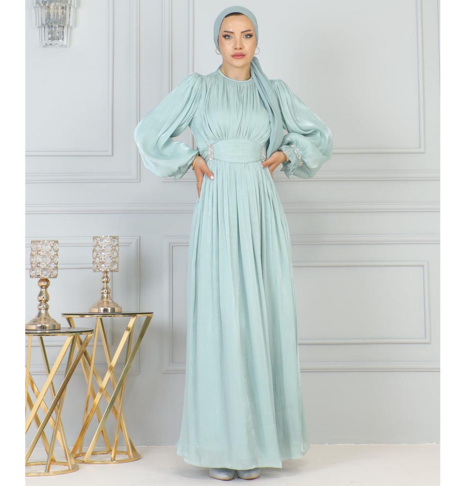 Modefa Dress Modest Muslim Women’s Luxe Pleated Evening Formal Dress - Mint