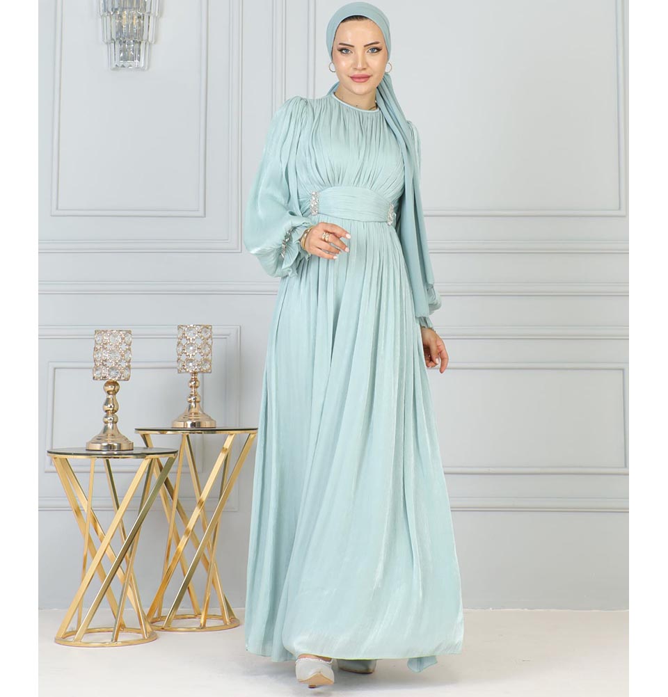 prom dresses islamic Rose Gold Silver Dress, Long Sleeves Dubai Evening Dresses, Musli  Frisco Sky Blue High Collar Muslim