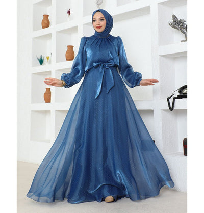 Modefa Dress Modest Muslim Women’s Luxury Shine Beaded Tulle Evening Dress - G739 Celestial Blue