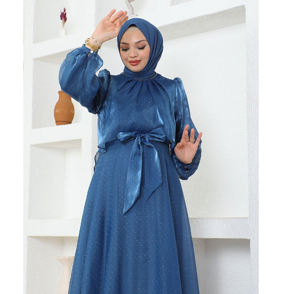 Modefa Dress Modest Muslim Women’s Luxury Shine Beaded Tulle Evening Dress - G739 Celestial Blue