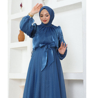 Modefa Dress Modest Muslim Women’s Luxury Shine Beaded Tulle Evening Dress - G739 Celestial Blue
