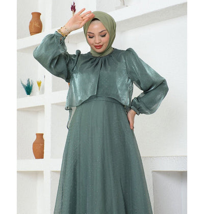 Modefa Dress Modest Muslim Women’s Luxury Shine Beaded Tulle Evening Dress - G739 Jade Green