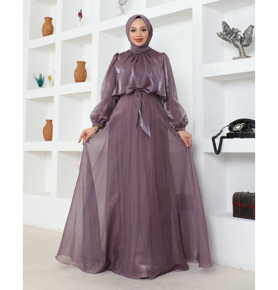 Modefa Dress Modest Muslim Women’s Luxury Shine Beaded Tulle Evening Dress - G739 Lilac