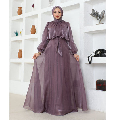 Modefa Dress Modest Muslim Women’s Luxury Shine Beaded Tulle Evening Dress - G739 Lilac