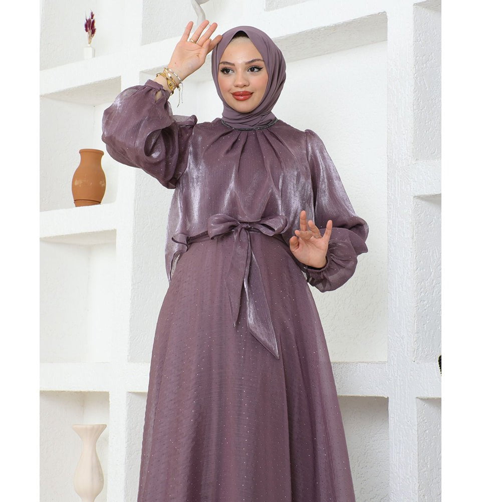 Modest Muslim Womens Luxury Beaded Tulle Evening Dress - G739 Lilac