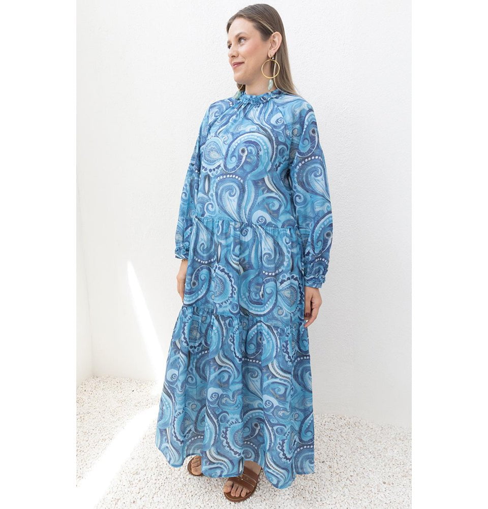 Modefa Dress Modest Muslim Women’s Oceanic Paisley Maxi Dress - M60186 Blue Indigo