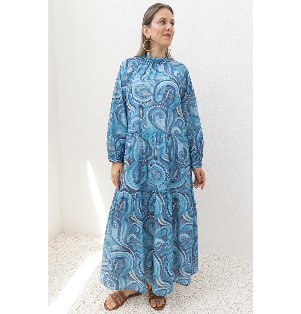 Modefa Dress Modest Muslim Women’s Oceanic Paisley Maxi Dress - M60186 Blue Indigo