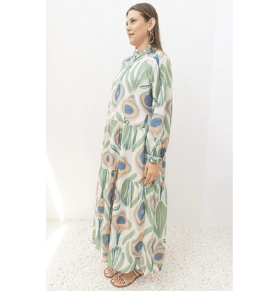 Modefa Dress Modest Muslim Women’s Peacock Bloom Maxi Dress - M60186 Green Pink