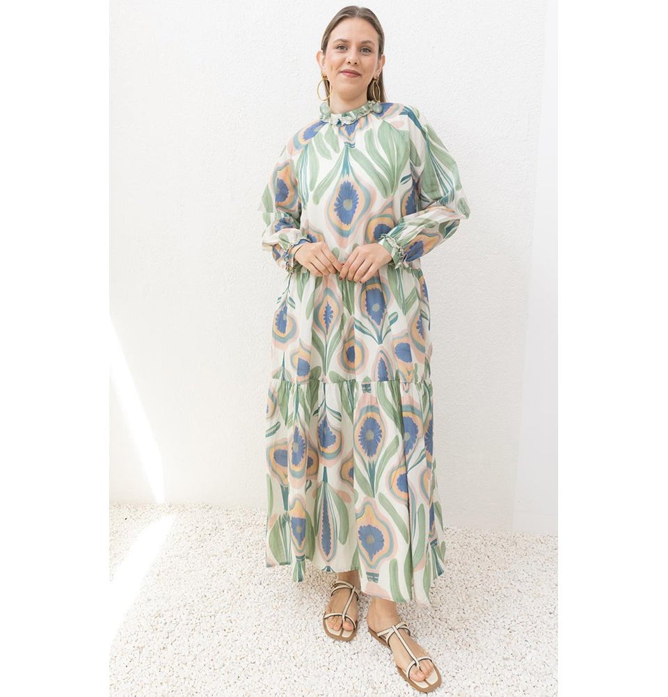 Modefa Dress Modest Muslim Women’s Peacock Bloom Maxi Dress - M60186 Green Pink