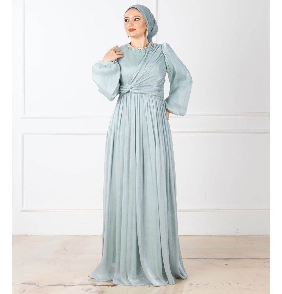 Modest Muslim Women's Pearled Neck Evening Dress