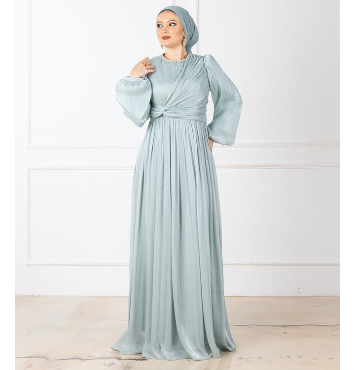 Modest Muslim Women's Pearled Neck Evening Dress