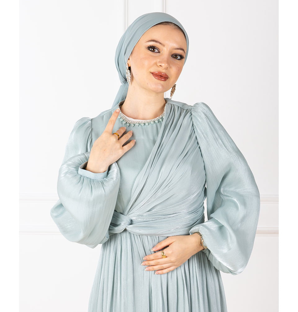 Modest Muslim Women's Pearled Neck Evening Dress
