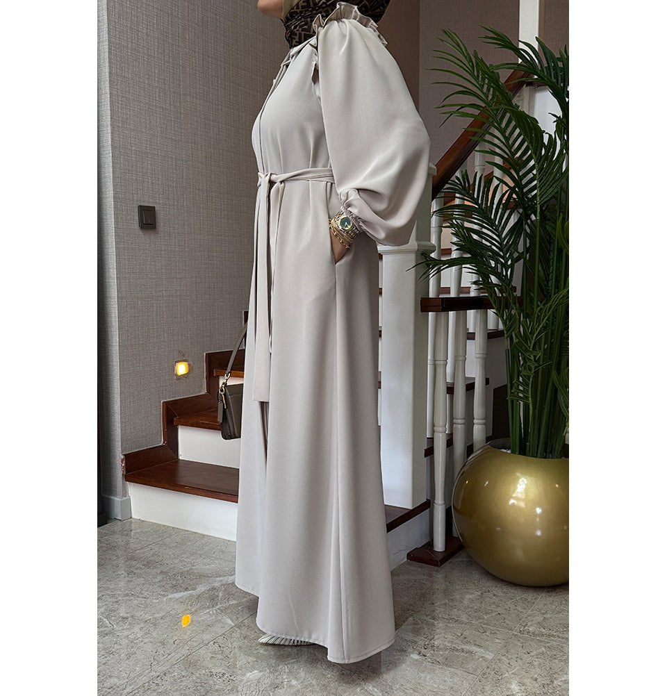 Modefa Dress Modest Muslim Women’s Ruffled Shoulder Maxi Dress - Beige