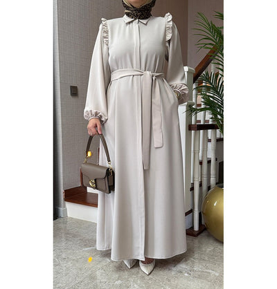 Modefa Dress Modest Muslim Women’s Ruffled Shoulder Maxi Dress - Beige
