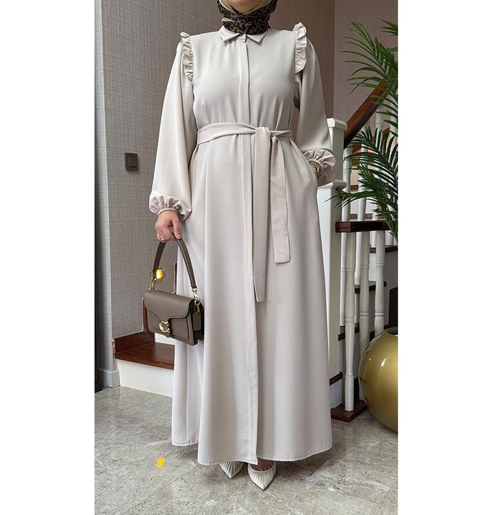 Modest Muslim Women's Ruffled Shoulder Maxi Dress - Beige Modest Muslim Women's Ruffled Shoulder Maxi Dress - Beige