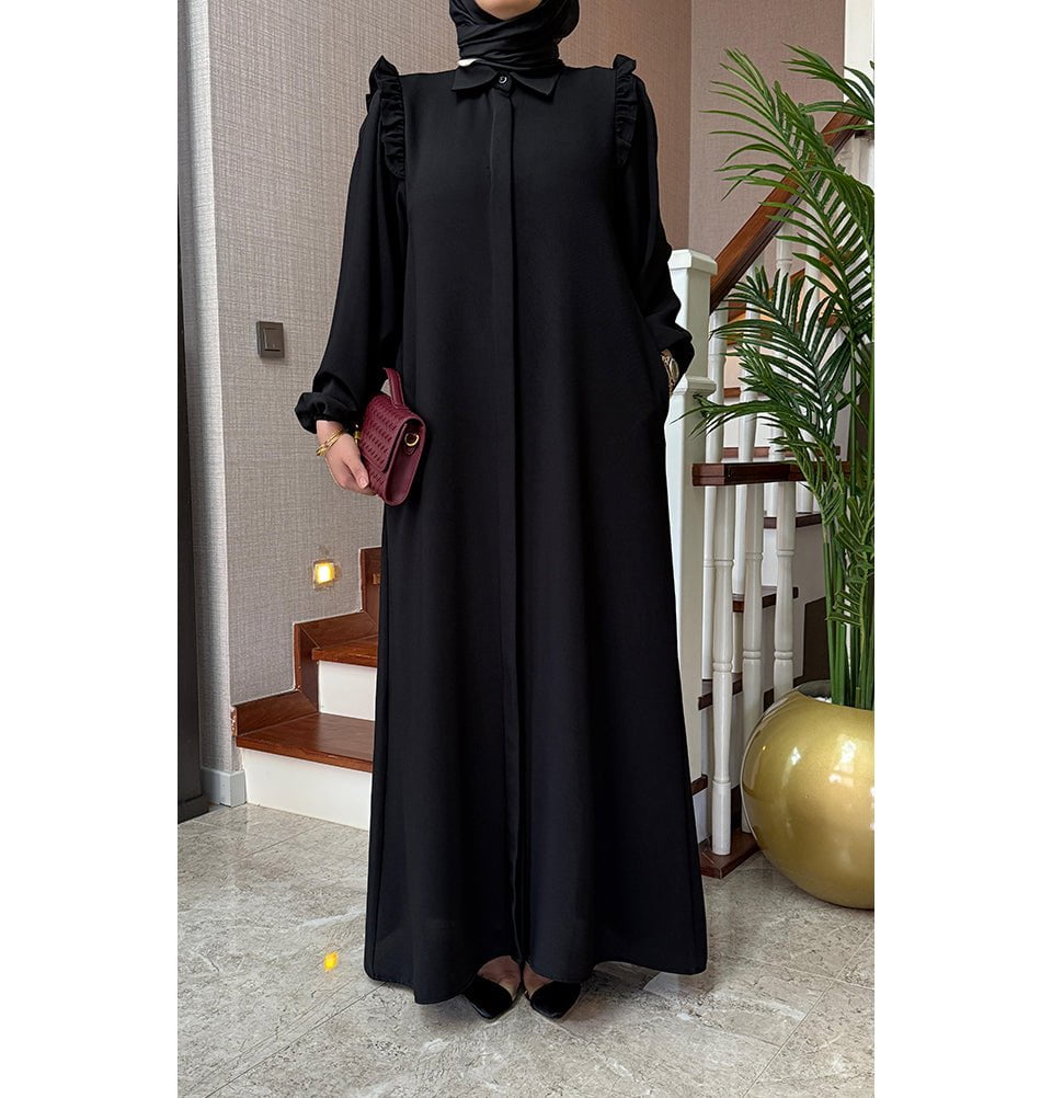 Modefa Dress Modest Muslim Women’s Ruffled Shoulder Maxi Dress - Black