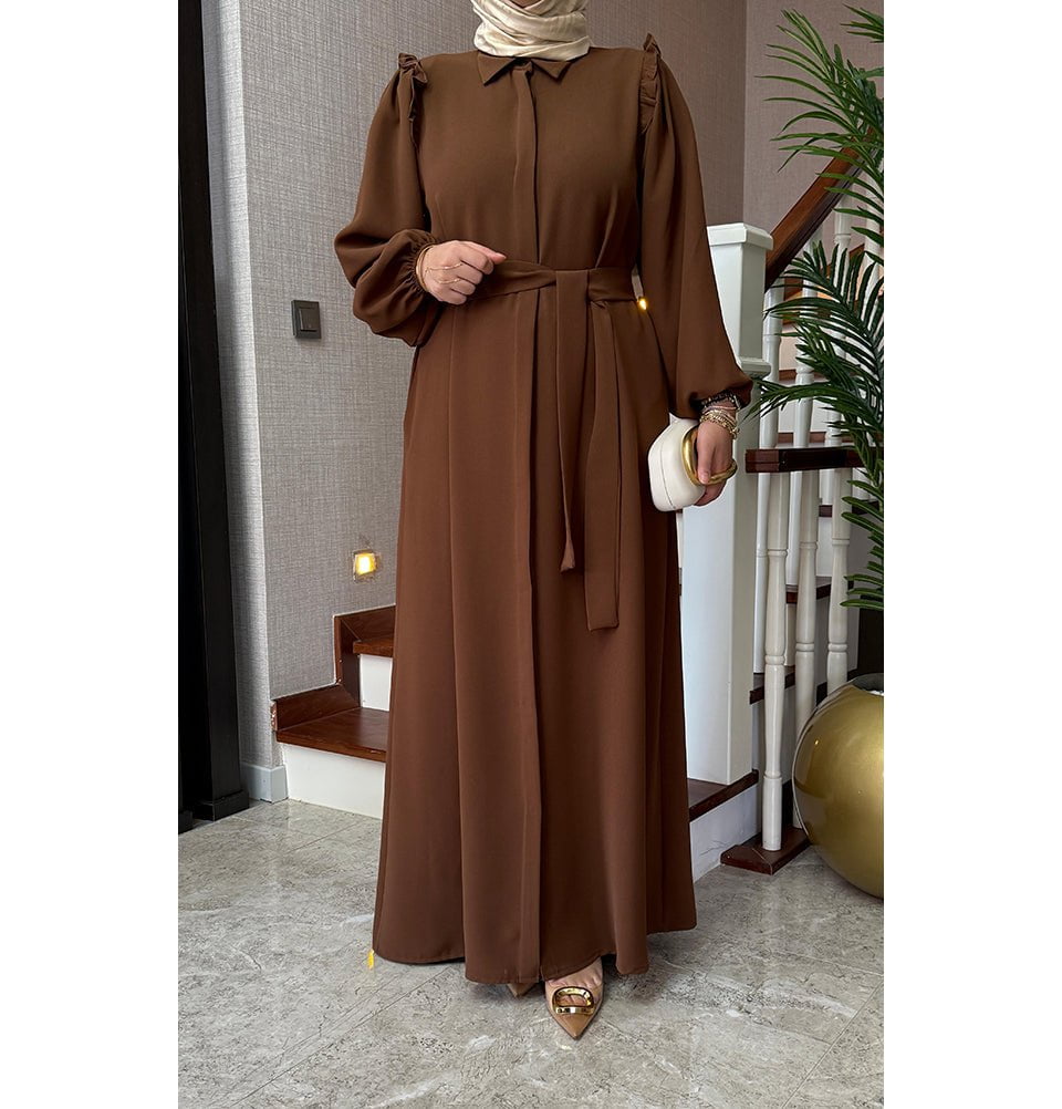 Modefa Dress Modest Muslim Women’s Ruffled Shoulder Maxi Dress - Brown