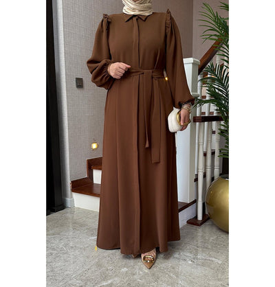 Modefa Dress Modest Muslim Women’s Ruffled Shoulder Maxi Dress - Brown