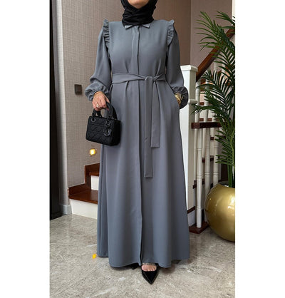Modefa Dress Modest Muslim Women’s Ruffled Shoulder Maxi Dress - Grey