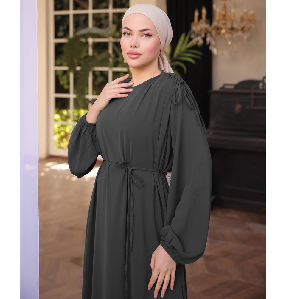 Modefa Dress Modest Muslim Women’s Shoulder Drawstring Maxi Dress - M5063 Charcoal Grey