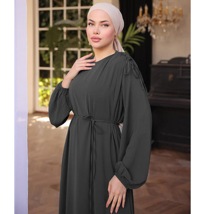 Modefa Dress Modest Muslim Women’s Shoulder Drawstring Maxi Dress - M5063 Charcoal Grey