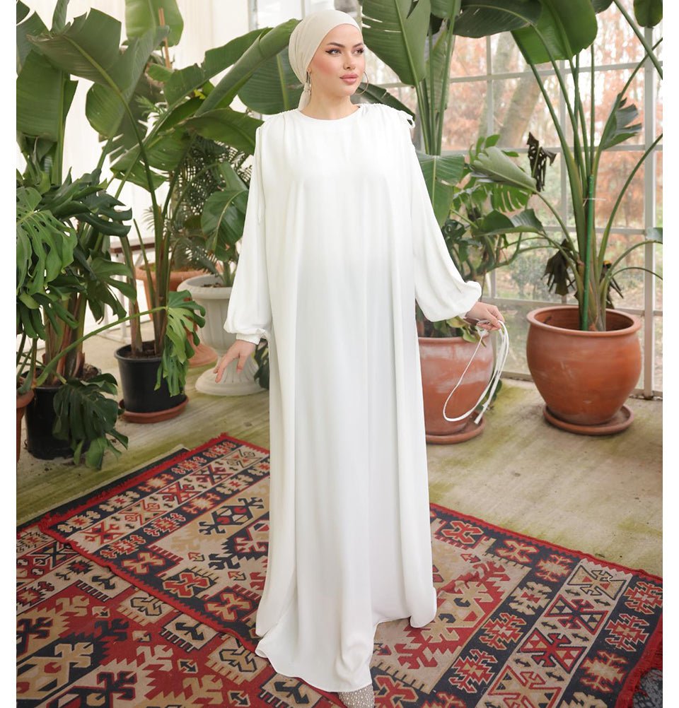Modest Muslim Women's Shoulder Drawstring Maxi Dress - M5063 White Modest Muslim Women's Shoulder Drawstring Maxi Dress - M5063 White