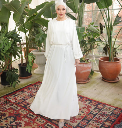 Modefa Dress Modest Muslim Women’s Shoulder Drawstring Maxi Dress - M5063 White