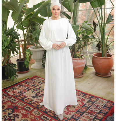 Modefa Dress Modest Muslim Women’s Shoulder Drawstring Maxi Dress - M5063 White