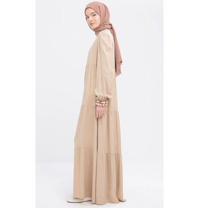 Modefa Dress Modest Muslim Women’s Simple Tiered Viscose Maxi Dress - M60166 Beige