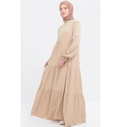 Modefa Dress Modest Muslim Women’s Simple Tiered Viscose Maxi Dress - M60166 Beige