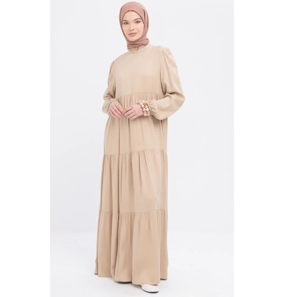 Modefa Dress Modest Muslim Women’s Simple Tiered Viscose Maxi Dress - M60166 Beige