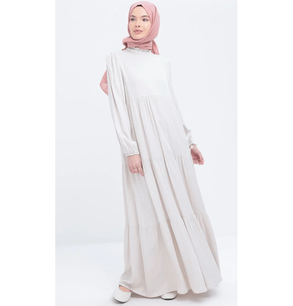 Modefa Dress Modest Muslim Women’s Simple Tiered Viscose Maxi Dress - M60166 Stone Beige