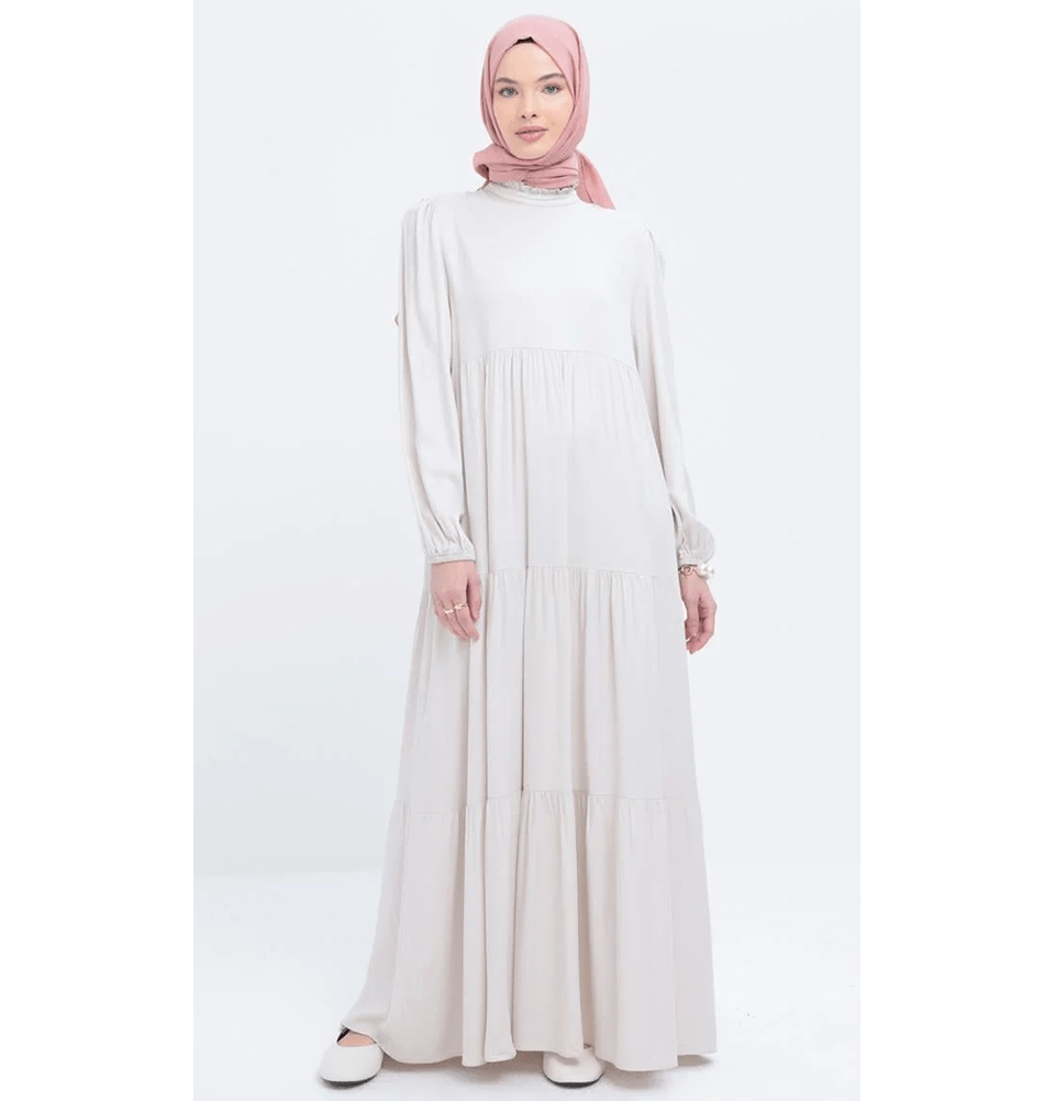 Modefa Dress Modest Muslim Women’s Simple Tiered Viscose Maxi Dress - M60166 Stone Beige