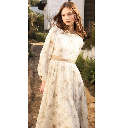 Modefa Dress Modest Muslim Women’s Soft Vintage Floral Maxi Dress - M70162 Beige
