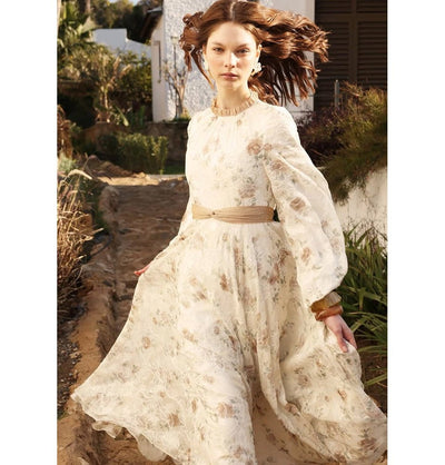 Modefa Dress Modest Muslim Women’s Soft Vintage Floral Maxi Dress - M70162 Beige