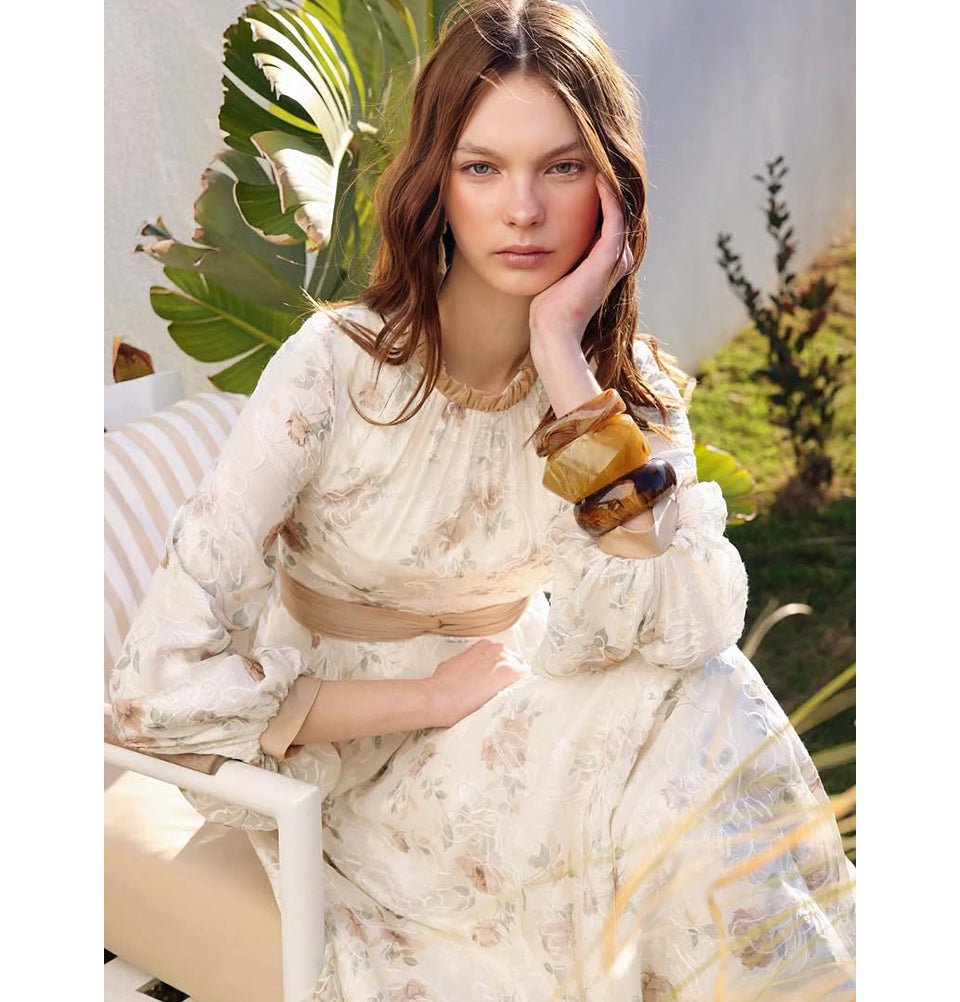 Modefa Dress Modest Muslim Women’s Soft Vintage Floral Maxi Dress - M70162 Beige