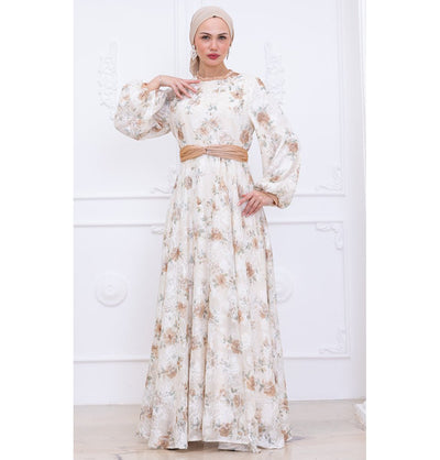 Modefa Dress Modest Muslim Women’s Soft Vintage Floral Maxi Dress - M70162 Beige
