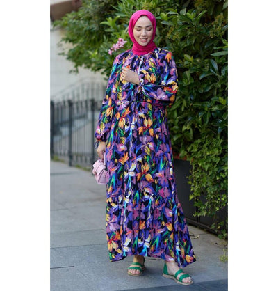 Modefa Dress Modest Muslim Women's Tropical Bloom Maxi Dress - 24560 Purple