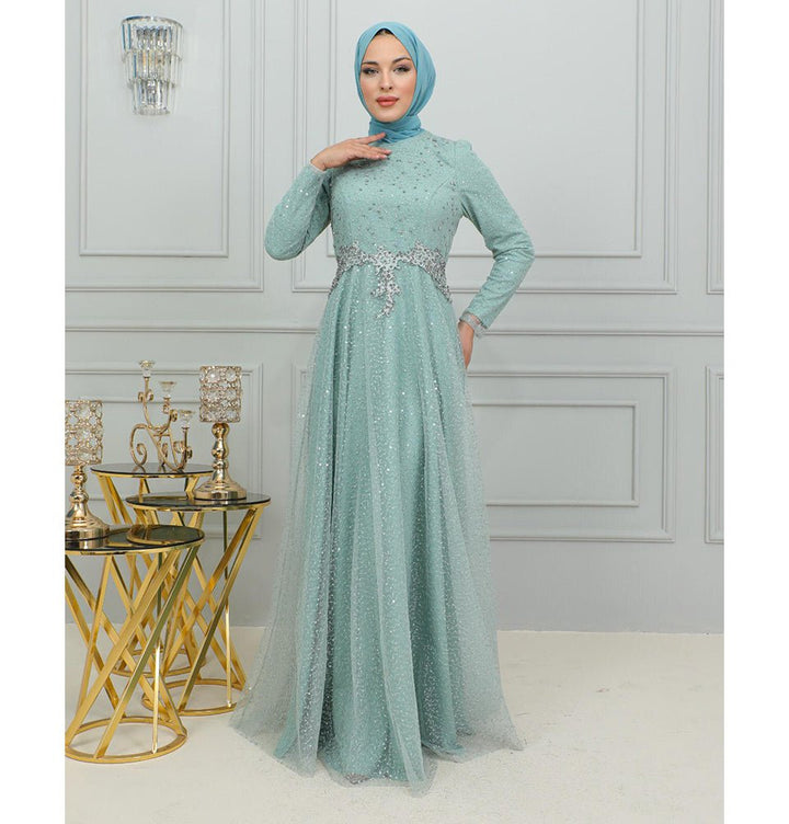 Modest Muslim Women's Vine Embroidered Tulle Formal Dress with Rhinest