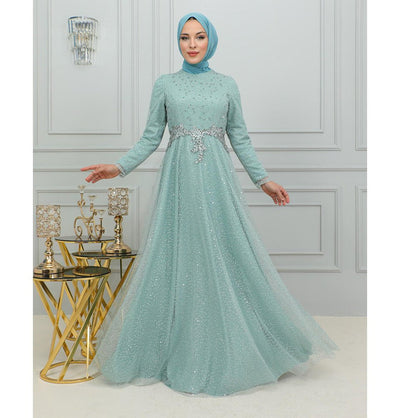 Modefa Dress Modest Muslim Women’s Vine Embroidered Tulle Formal Dress with Rhinestones -G706 Mint Green