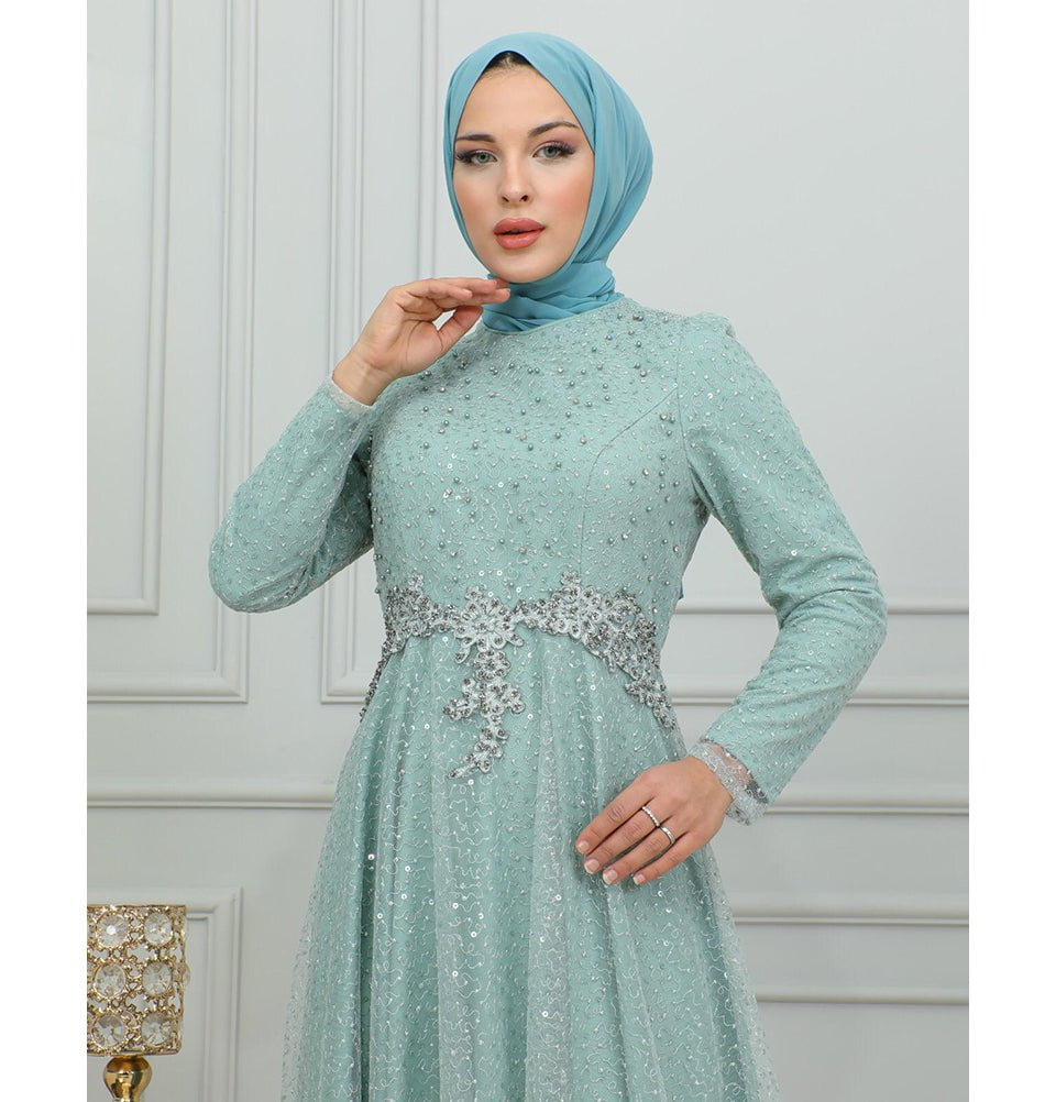 Modefa Dress Modest Muslim Women’s Vine Embroidered Tulle Formal Dress with Rhinestones -G706 Mint Green
