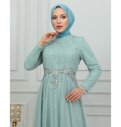 Modefa Dress Modest Muslim Women’s Vine Embroidered Tulle Formal Dress with Rhinestones -G706 Mint Green