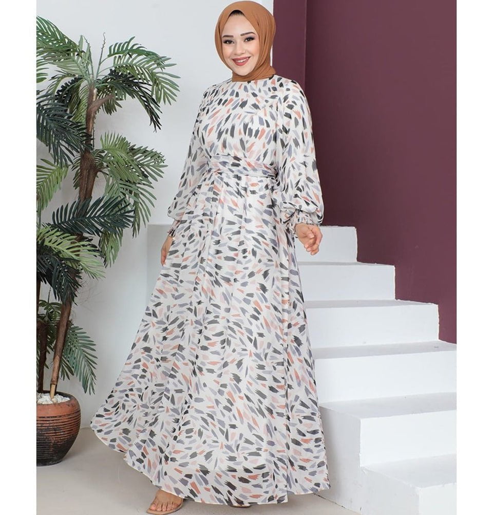 Modefa Dress Modest Women's Dress Abstract 7999-58 - Gray & Orange