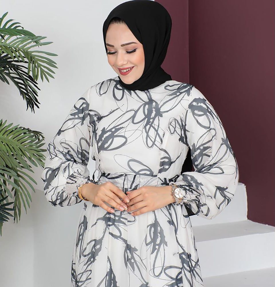 Modefa Dress Modest Women's Dress Abstract 7999-59 - Charcoal Grey