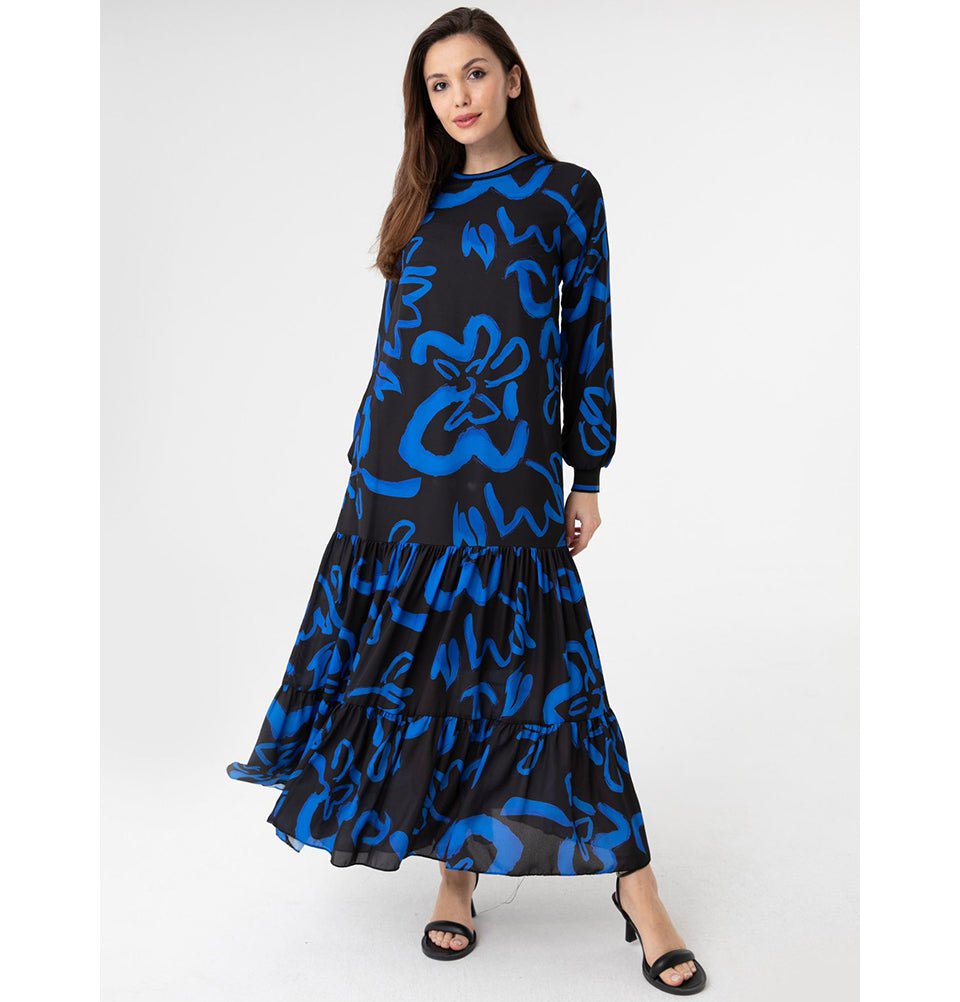 Modefa Dress Modest Women's Dress Abstract Floral M12437 Blue