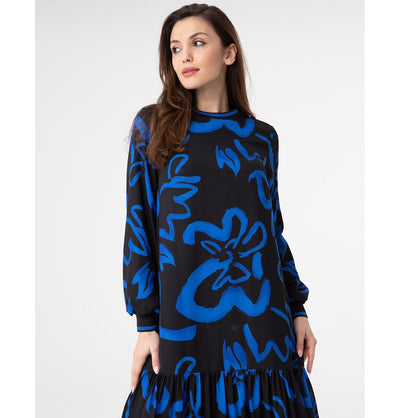 Modefa Dress Modest Women's Dress Abstract Floral M12437 Blue