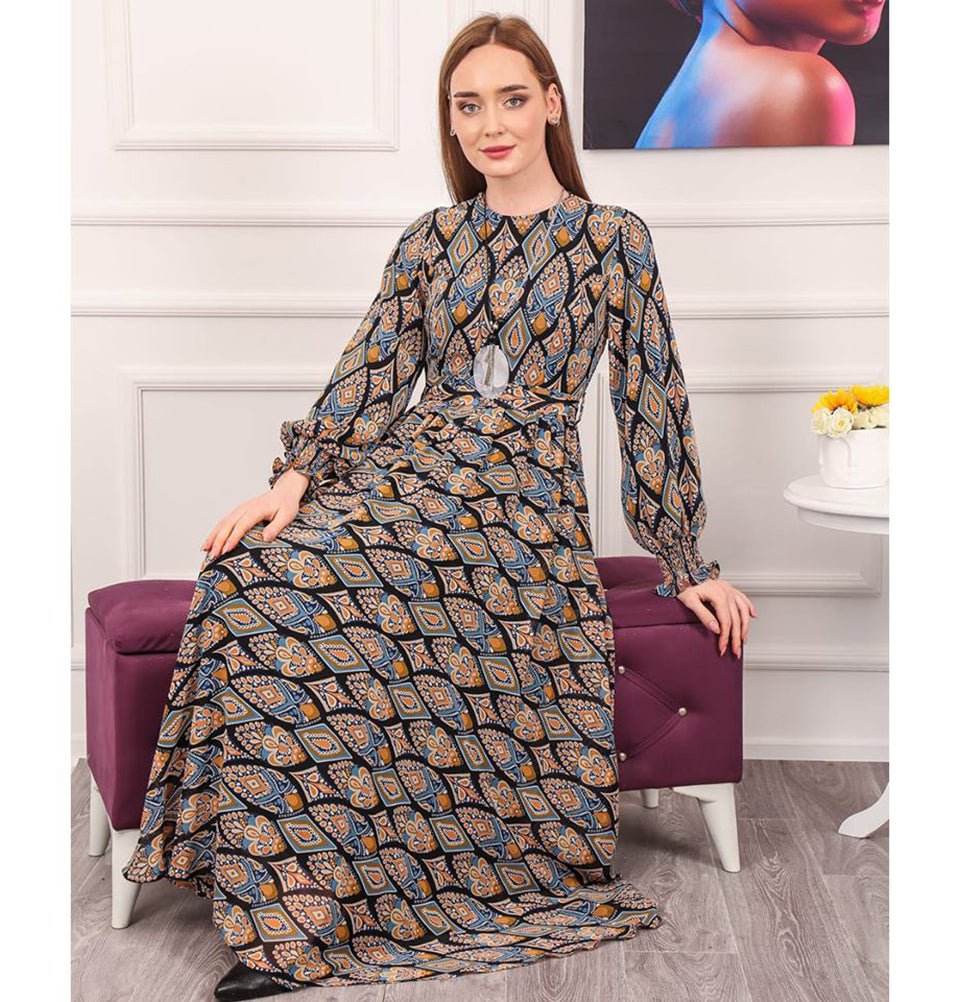 Modefa Dress Modest Women's Dress Diamond Abstract 7999-23 - Black & Multicolored