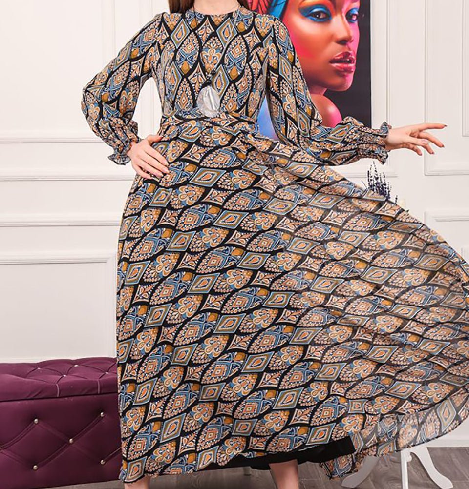 Modest Women's Dress Diamond Abstract 7999-23 - Black & Multicolored