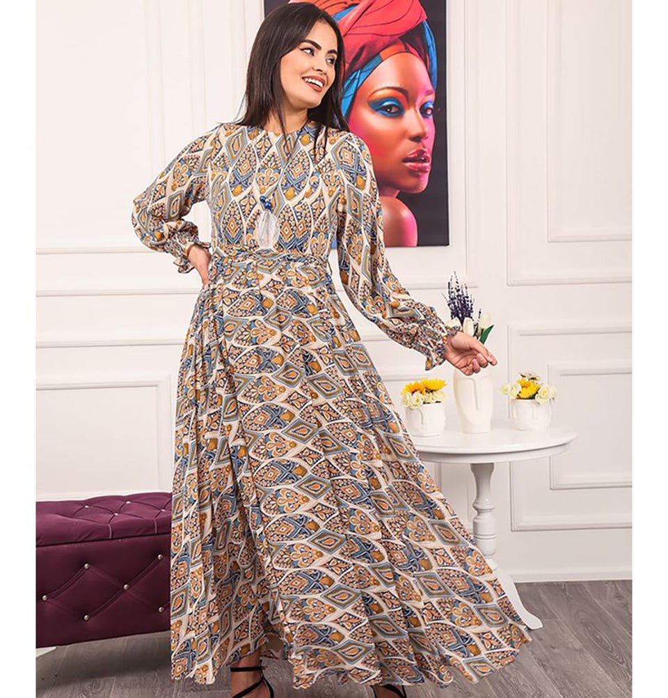 Modest Women's Dress Diamond Abstract 7999-23 - Cream & Multicolored Modest Women's Dress Diamond Abstract 7999-23 - Cream & Multicolored