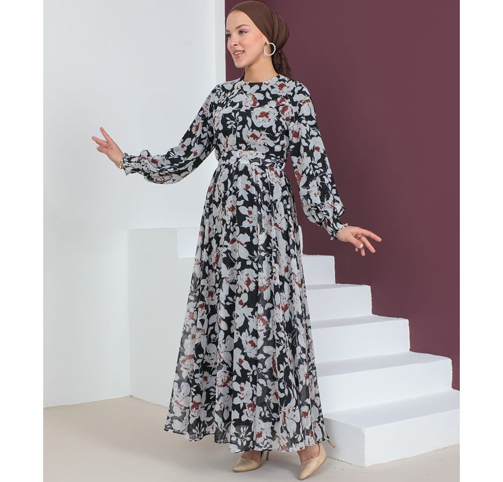 Modefa Dress Modest Women's Dress Floral 7999-57 - Black & Rusty Brown